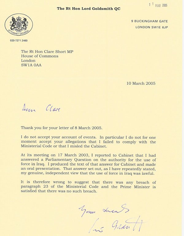 Reply from Attorney General, Lord Goldsmith