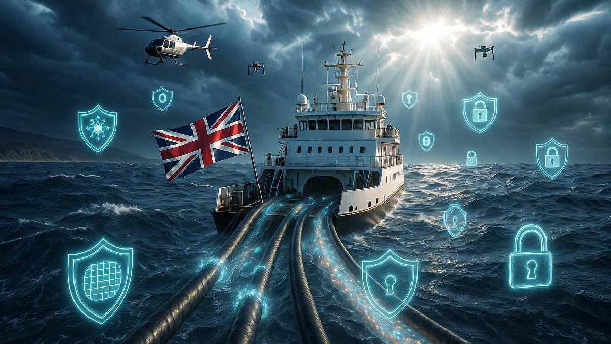 UK subsea cable security and maritime surveillance vessel RFA Proteus monitoring seabed infrastructure in 2026.