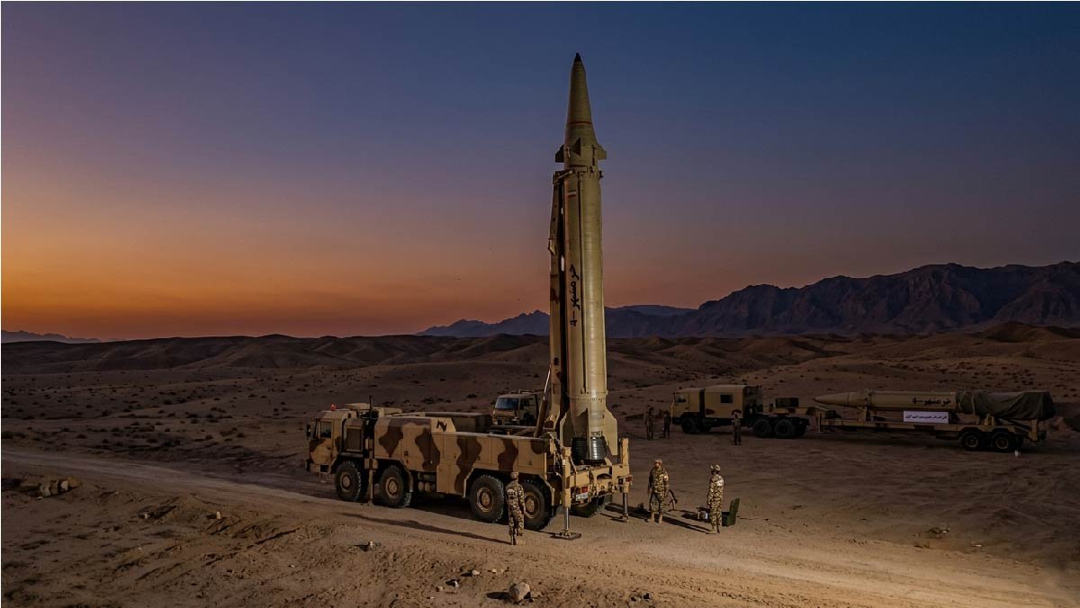 A mobile Iranian ballistic missile launcher prepared for a test in a desert location.
