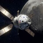 NASA's Orion spacecraft performing a lunar flyby during the Artemis II mission.