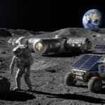 NASA Artemis astronauts working at a sustainable base camp on the Moon's South Pole.